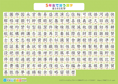 小学5年生の漢字一覧表（画数付き） グリーン A4